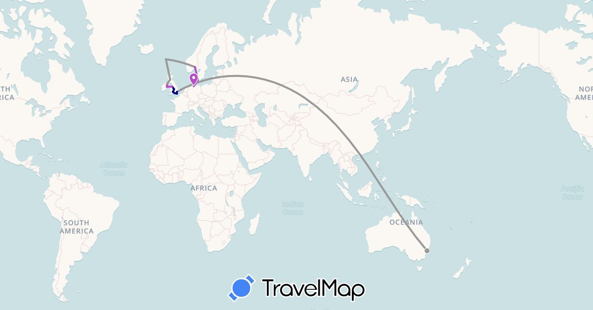 TravelMap itinerary: driving, plane, train in Australia, Germany, Denmark, Faroe Islands, United Kingdom, Ireland, Norway (Europe, Oceania)